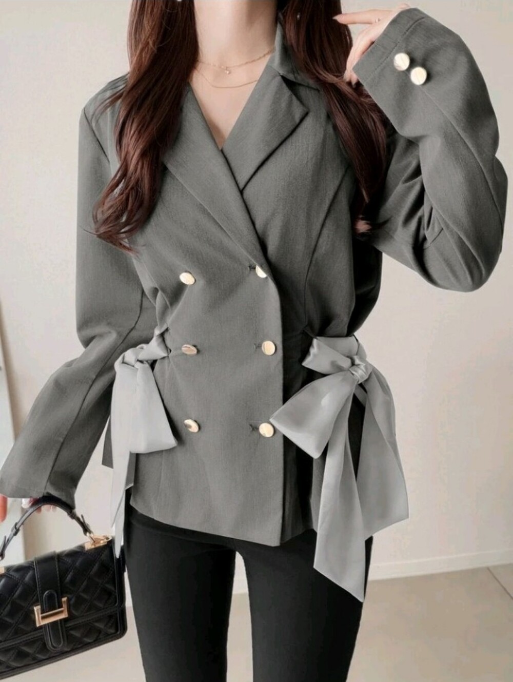 Women's Solid Color Double-Breasted Side Waist Tie Casual Business Casual